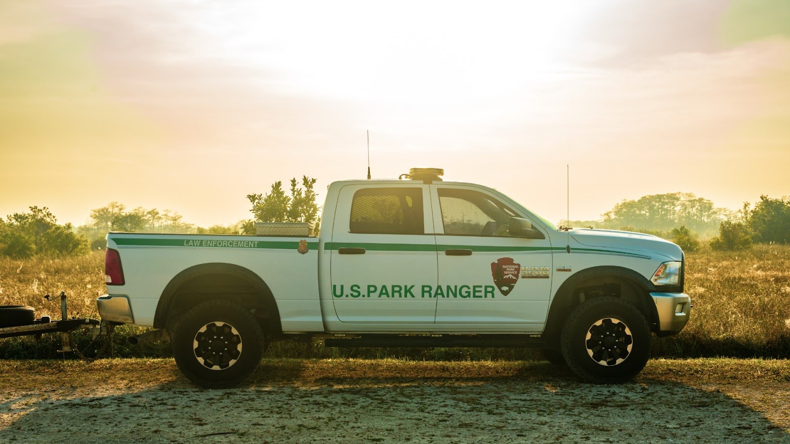 A ranger vehicle in the Everglades